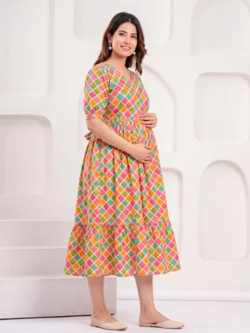 Diamond Checks Maternity Feeding Dress in Multicolour – maternity kurti by AtoZMart