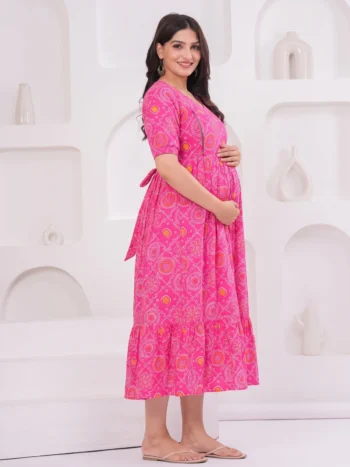 Bandhej Rani Maternity Feeding Dress in Rani Pink – maternity kurti by AtoZMart