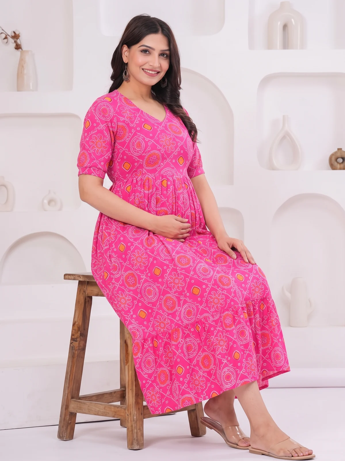 m3-18-pink-bandhani-print-maternity-feeding-dress-3 Bandhej Rani Maternity Feeding Dress in Rani Pink – maternity kurti, photo 3