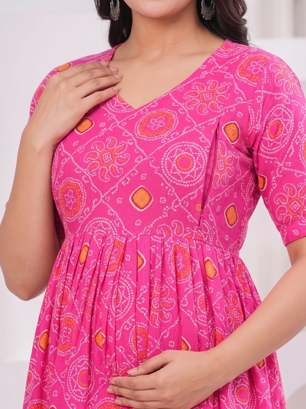 m3-18-pink-bandhani-print-maternity-feeding-dress-5 Bandhej Rani Maternity Feeding Dress in Rani Pink – maternity kurti, photo 5