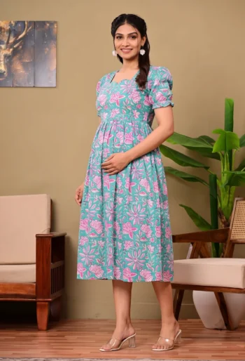 Teal Blossom Maternity Dress in Sea Green – maternity kurti, photo 2