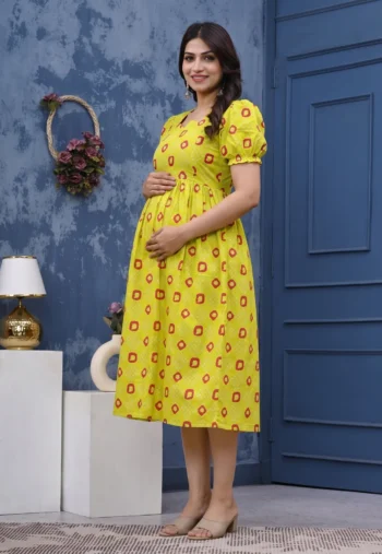 Bandhej Lime Maternity Dress in Lime Yellow – maternity kurti, photo 2