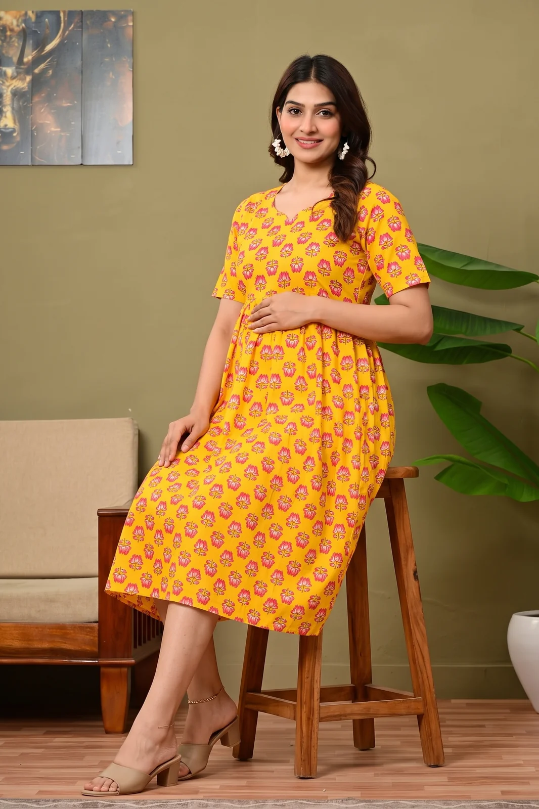 m4-10-yellow-buti-maternity-midi-dress-3 Yellow Lotus Maternity Dress – maternity kurti, photo 3