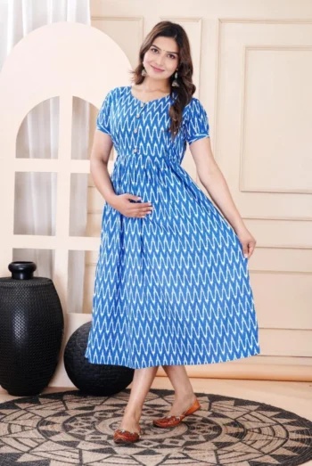 Indigo Zigzag Maternity Dress in Blue – maternity kurti by AtoZMart