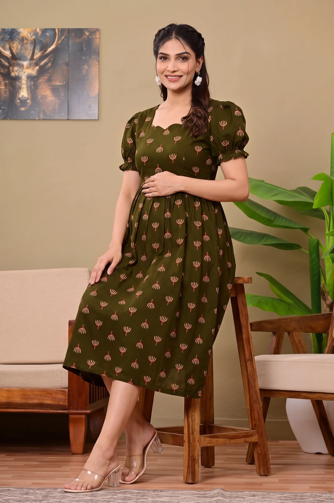 m4-20-olive-green-buti-maternity-midi-dress-3 Mehendi Buti Maternity Dress in Mehendi Green – maternity kurti, photo 3