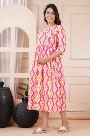 Sunrise Ikat Maternity Dress in Pink – maternity kurti, photo 2